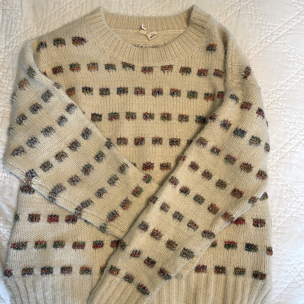 Anthropologie Moth Cream Sweater with Colorful/Glitter Detailing
